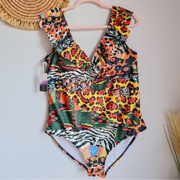 Averie New Harlow Tropical Animal Print Deep Plunge One Piece Swimsuit SZ XXXL